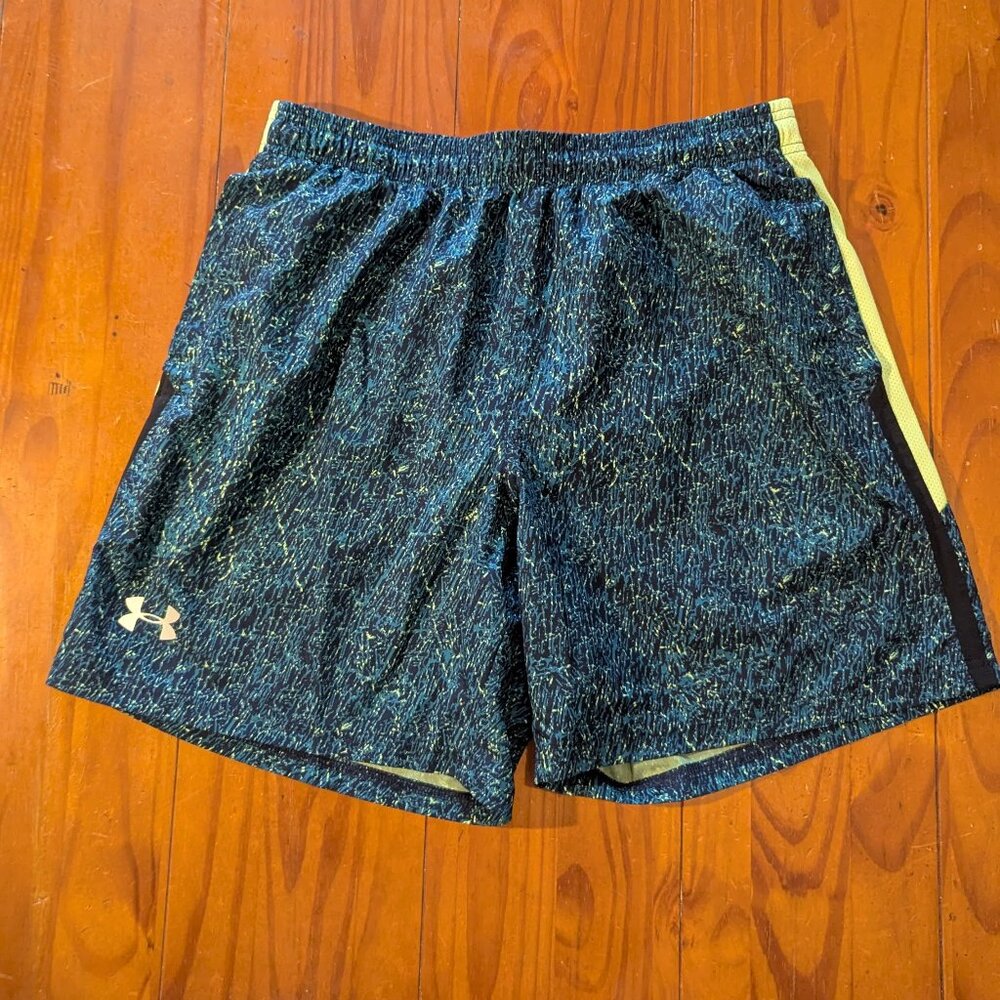 Under Armour Men's Swim Trunks – Blue with Neon Green Accents – Size L